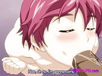 Red-haired busty anime girl sucking ta huge cock before sex