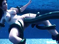 Tentacle monster fucking a hot anime girl with big tits in the pool