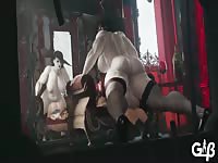 Shemales having intense anal sex in front of the mirror