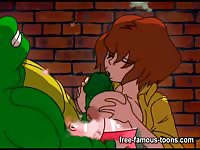 Hot busty cartoon MILF riding a giant dildo while sucking an erect juicy cock