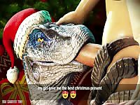 Playful 3D slutty dinosaur wearing santa hat while giving sloppy blowjob 