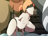 Orange haired hentai bitch sucking dick and getting fuck at the same time