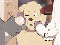 Naughty hentai dog girl tasting and deepthroating multiple monstrous dicks