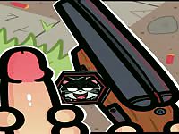 Horny hentai boy masturbating his fat cock while holding a huge gun